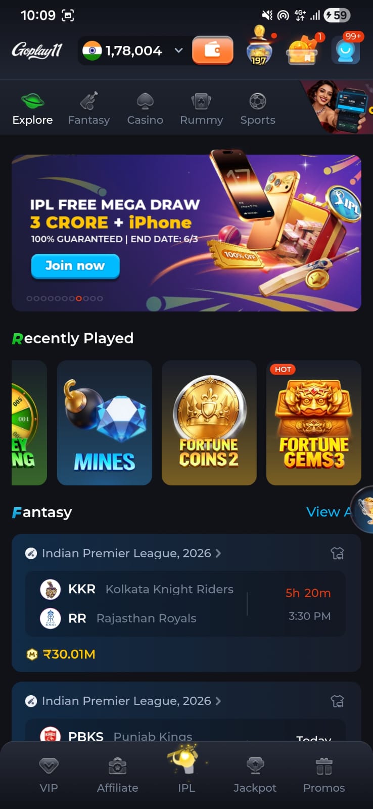 goplay 11 app interface showing fantasy team creation and live match updates